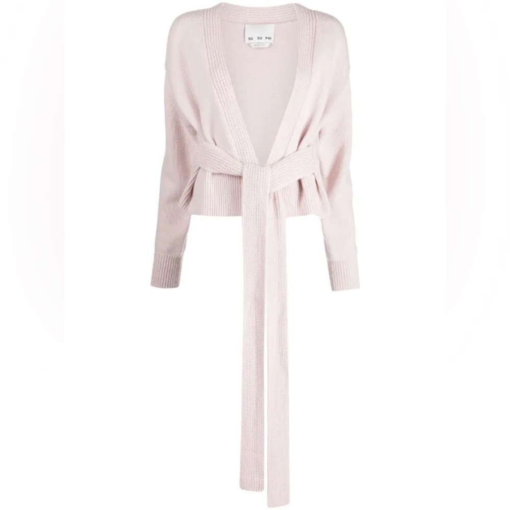 SA SU PHI tied waist wool cashmere cardigan in light pink wrap